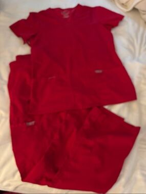 Cherokee Red V-Neck Medical Scrub Top with Cargo Pants.